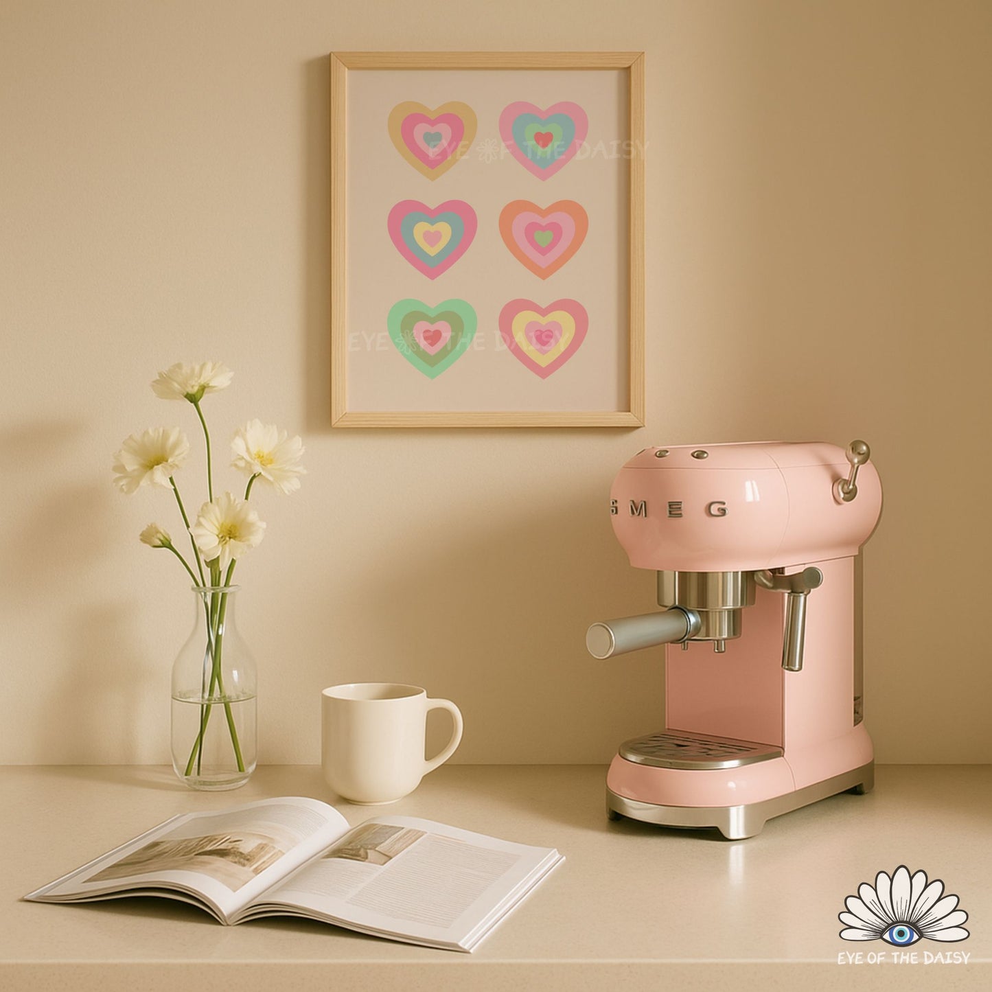 Retro hearts print digital download, funky and colorful Y2K-inspired printable wall art for cute kitchens or home coffee stations