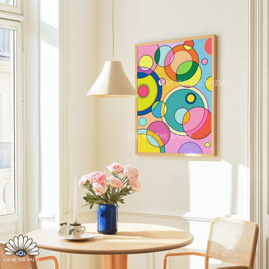 bright abstract geometric circles printable wall art, colourful modern poster for AirBnb decor