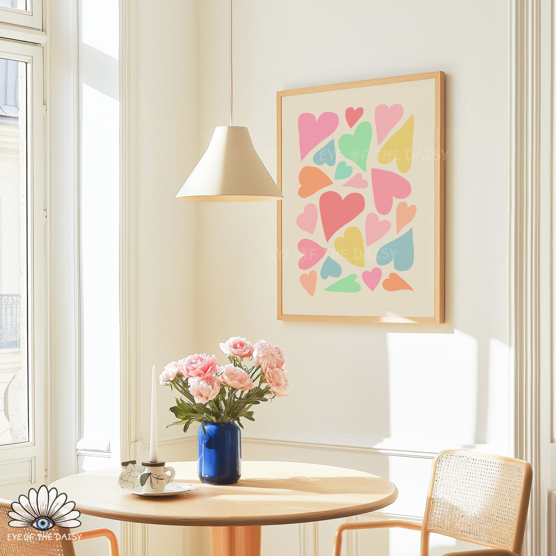 Whimsical pastel hearts printable wall art, fun colorful decor for bedroom or living room