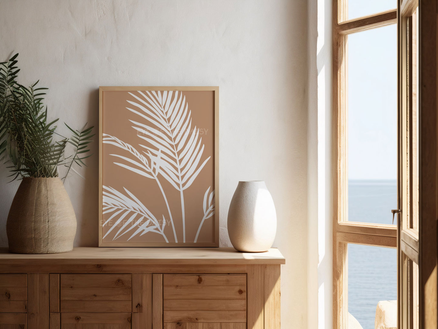 Abstract tropical leaf wall art print in neutral tones, perfect for boho living room wall decor