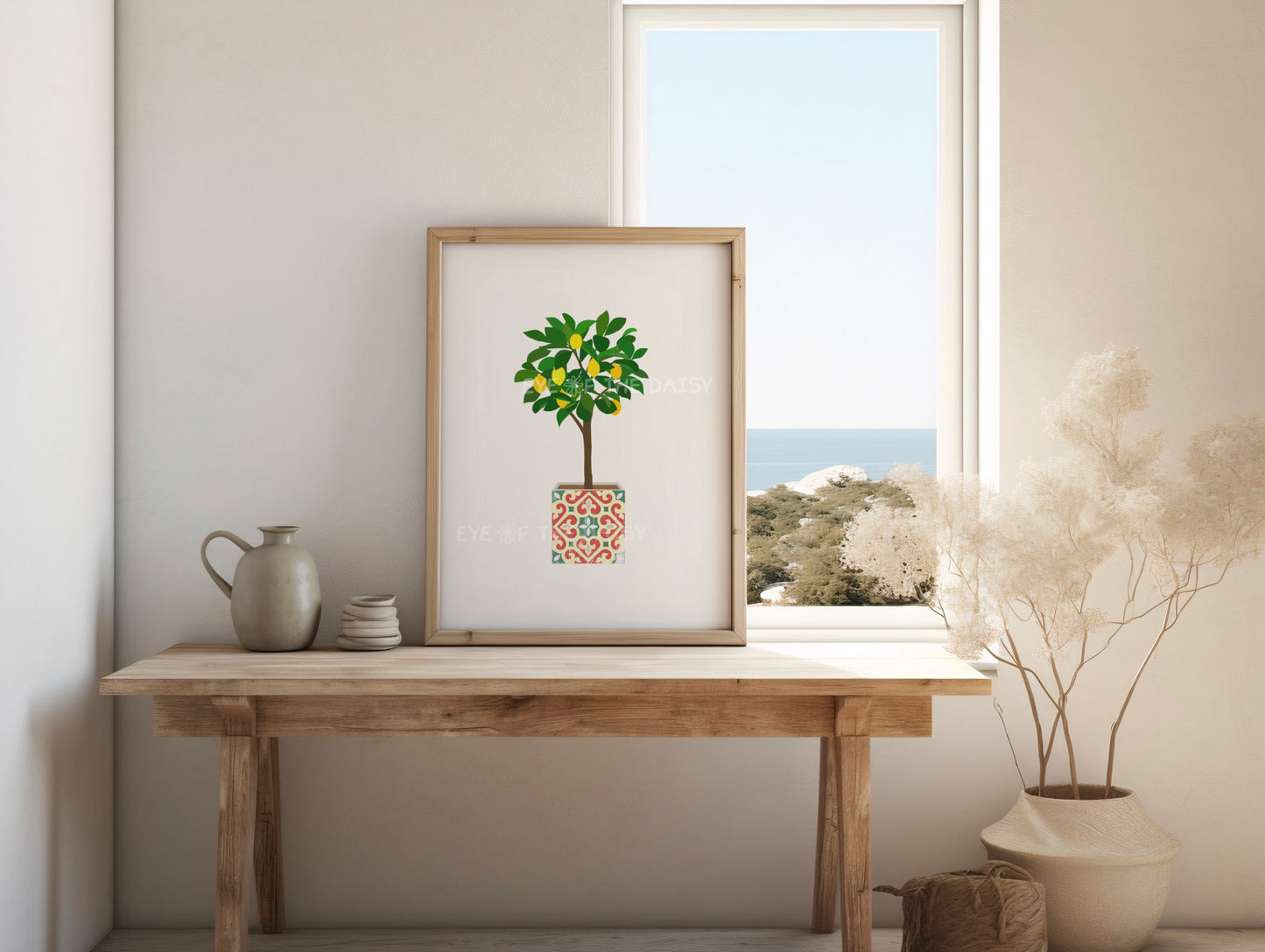 Mediterranean lemon tree printable poster with tile pot – vibrant botanical art download, perfect DIY decor for cozy modern bedrooms
