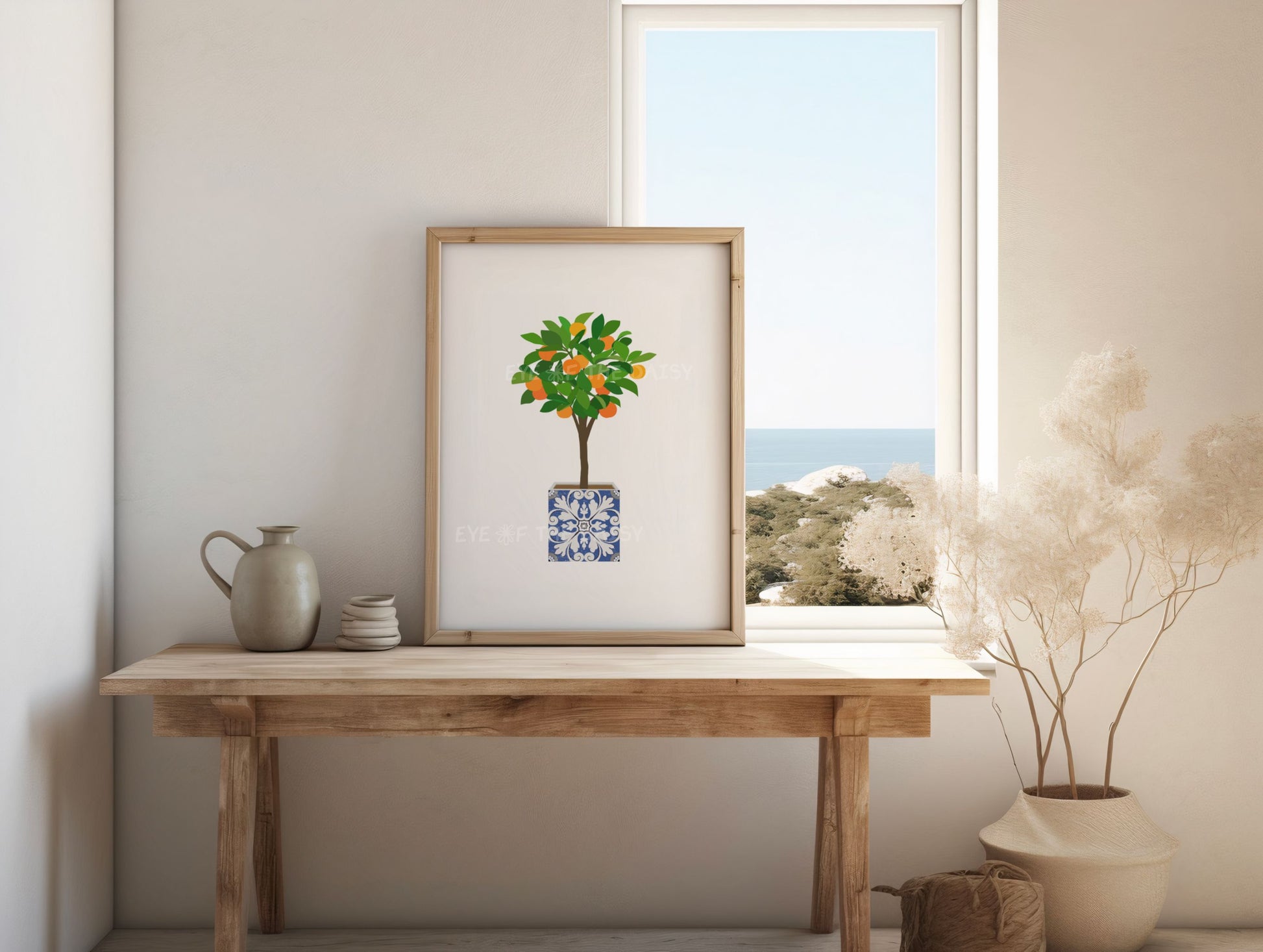 Minimalist orange tree print in blue tile pot – colorful botanical printable wall art, perfect downloadable decor for summer rental spaces