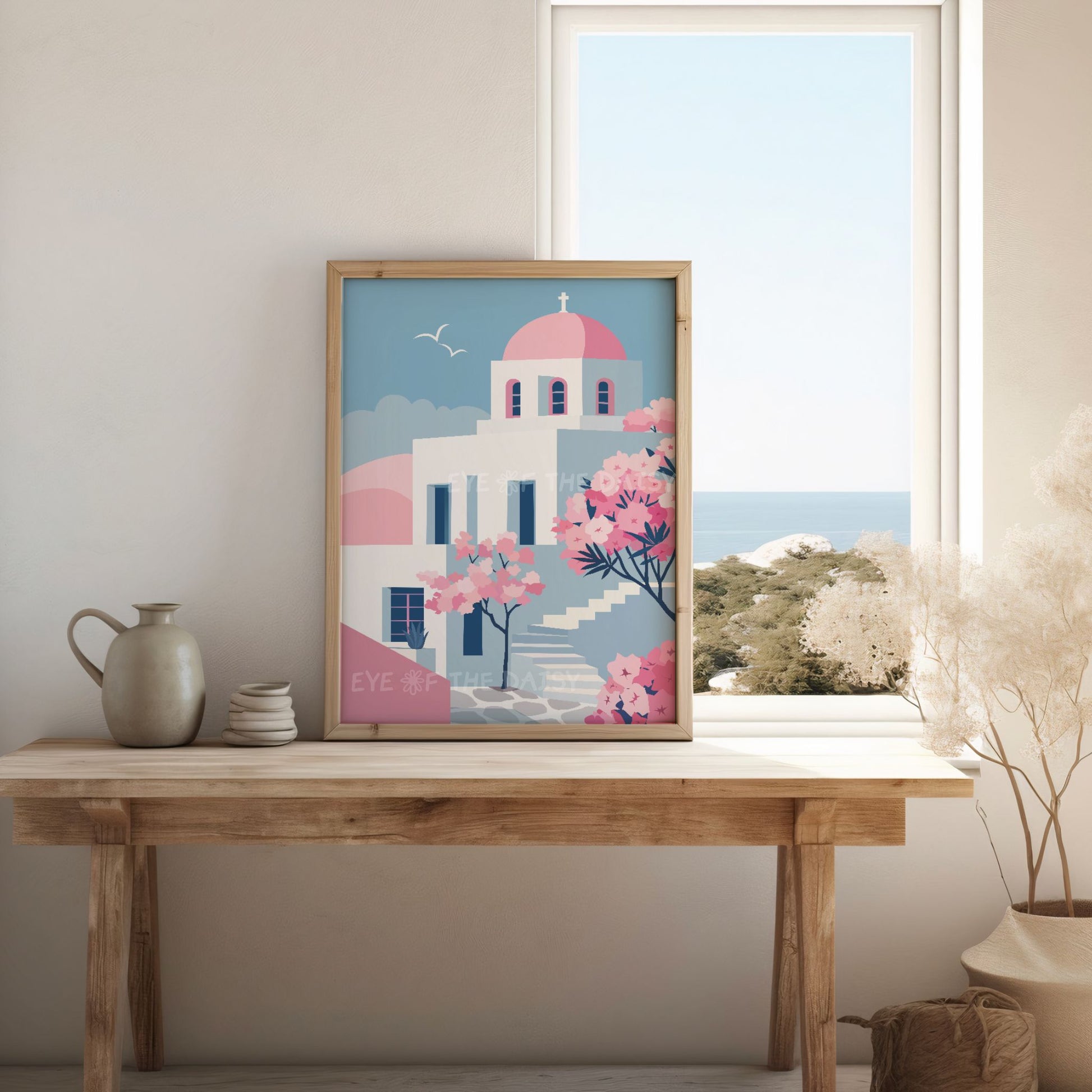 Two piece Greek island print set of 2 in pastel pink and blue, Paros printable wall art for relaxing Mediterranean summer vibes