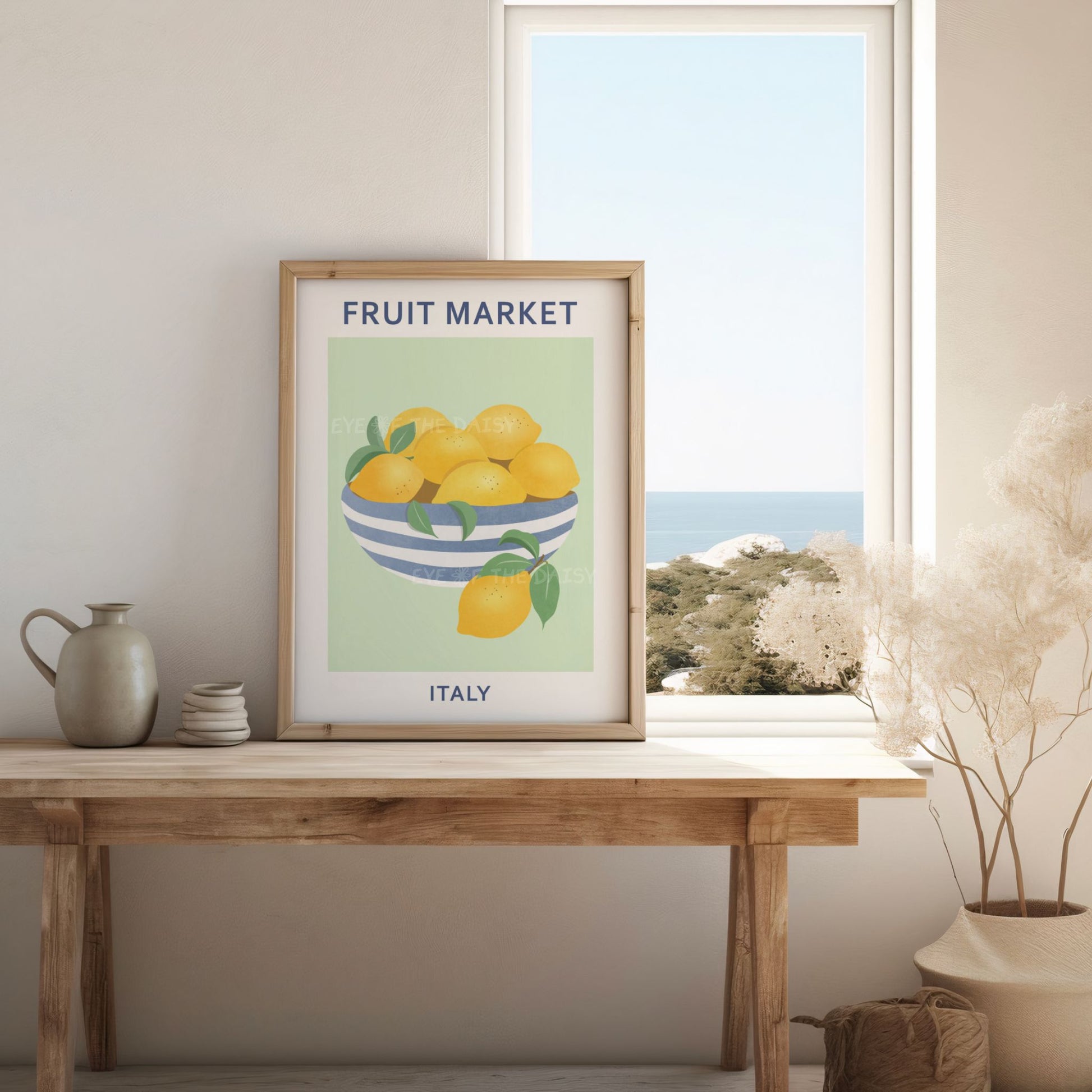 Modern lemon bowl art print — pastel green downloadable poster for stylish fruit-themed living room or summer home decor