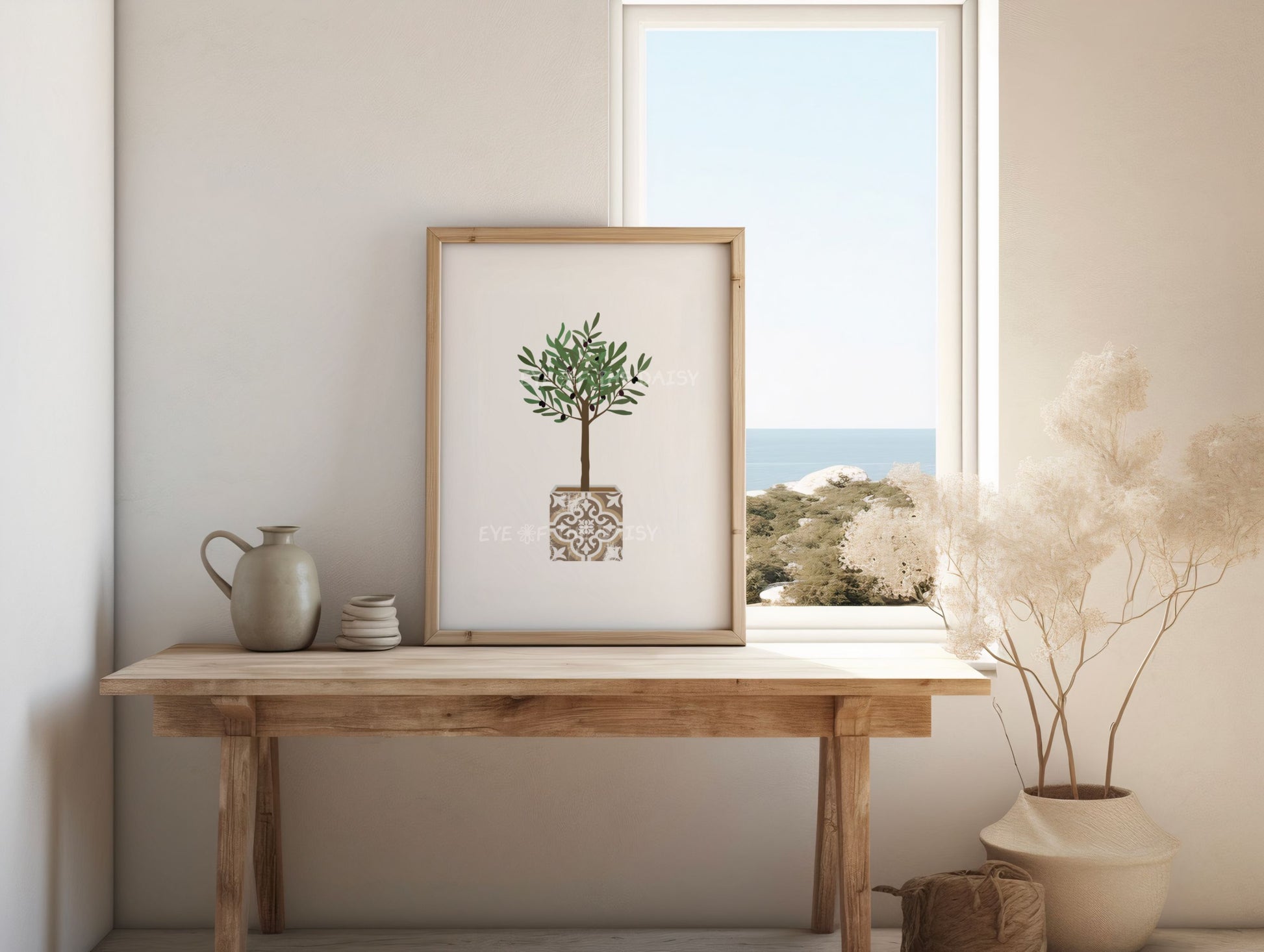 Neutral tone olive tree printable wall art in boho vase pot – minimalist botanical downloadable art, great for stylish summer vacation rental decor