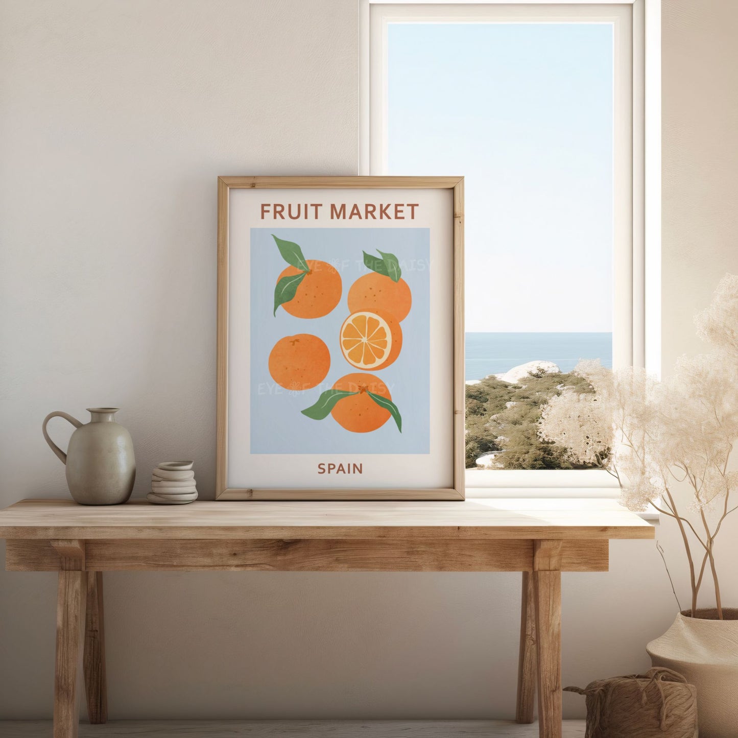 Abstract orange wall art download — Fruit Market Spain pastel blue printable print for vibrant boho or modern Spanish apartment decor