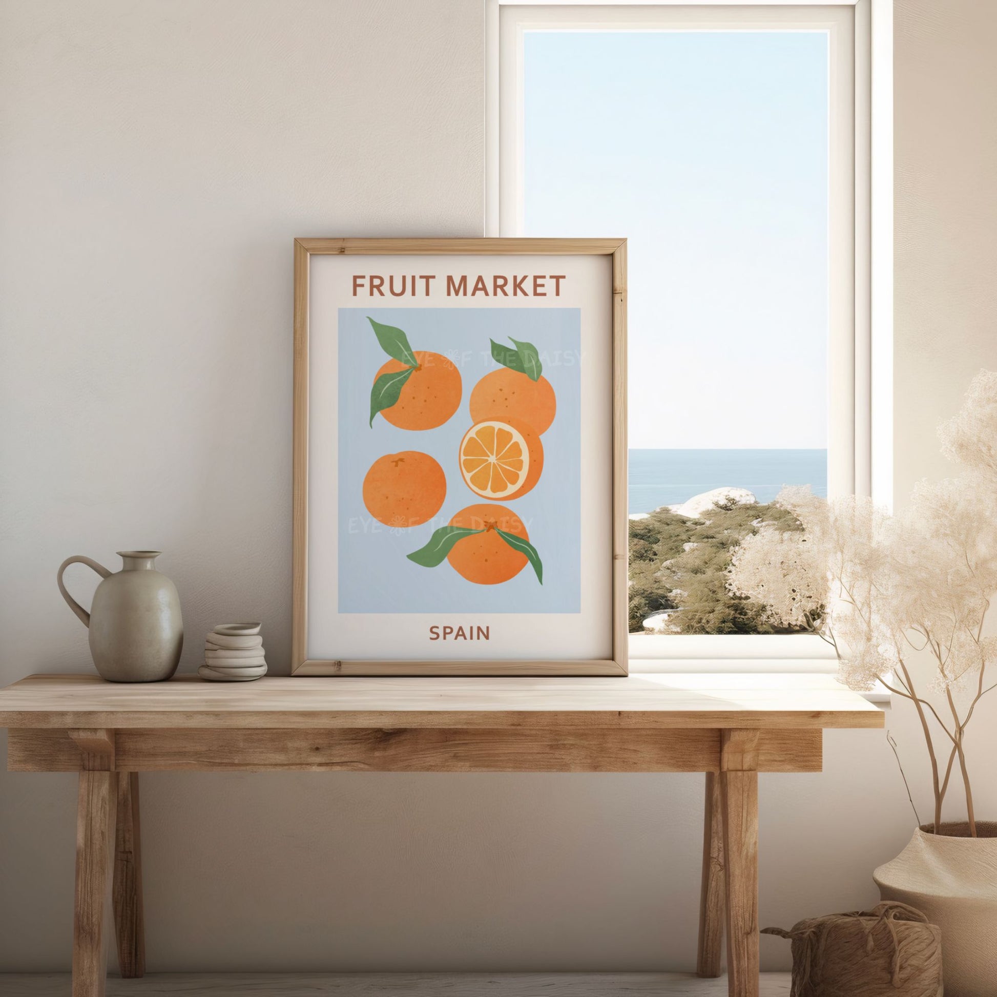 Abstract orange wall art download — Fruit Market Spain pastel blue printable print for vibrant boho or modern Spanish apartment decor