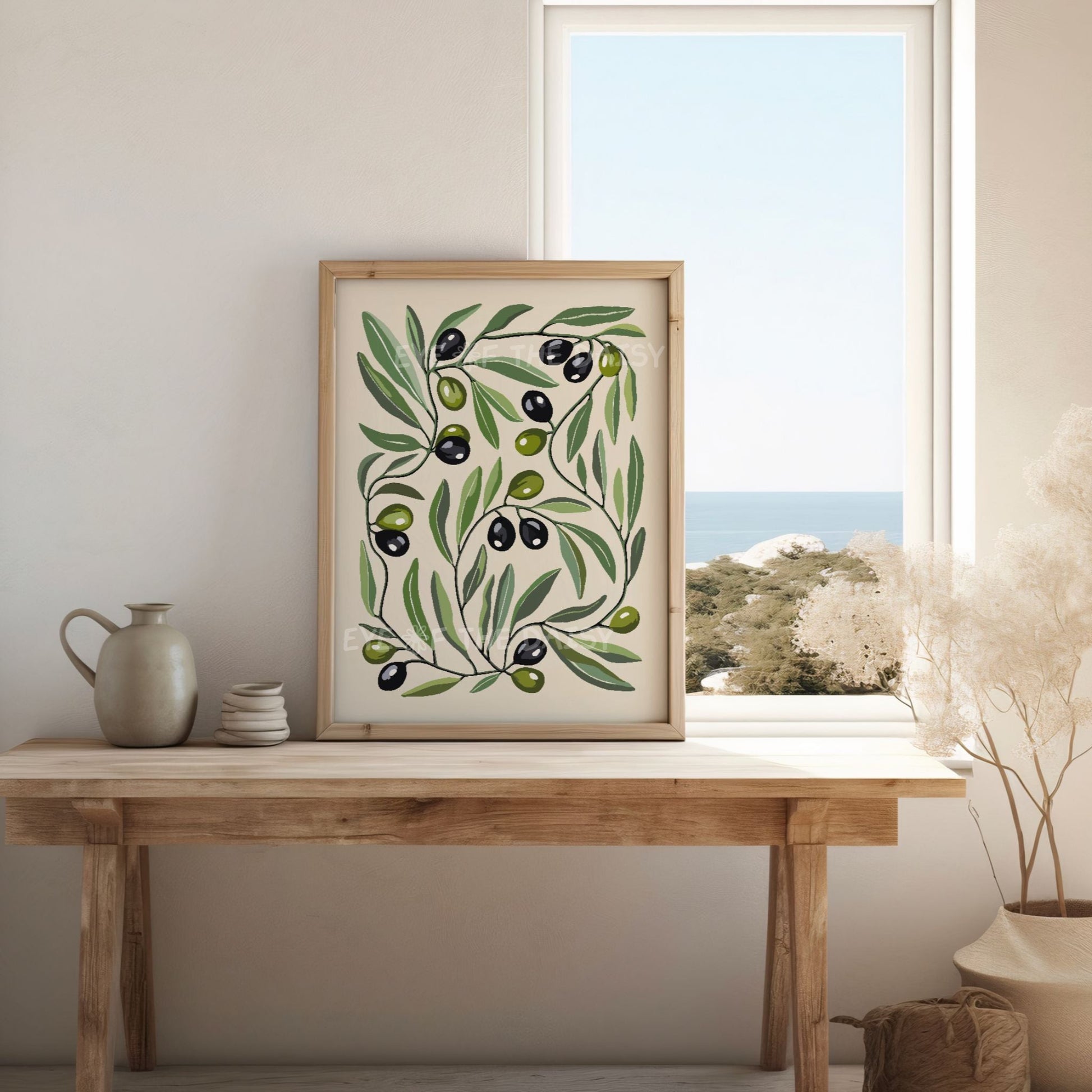 Abstract olive tree printable – Scandi-Mediterranean wall art in olive tones, digital download perfect for stylish summer rental decor
