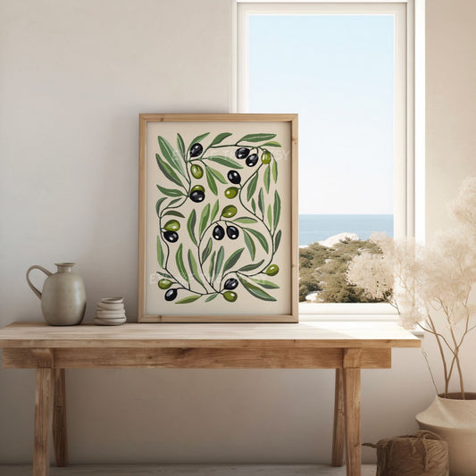 Abstract olive tree printable – Scandi-Mediterranean wall art in olive tones, digital download perfect for stylish summer rental decor