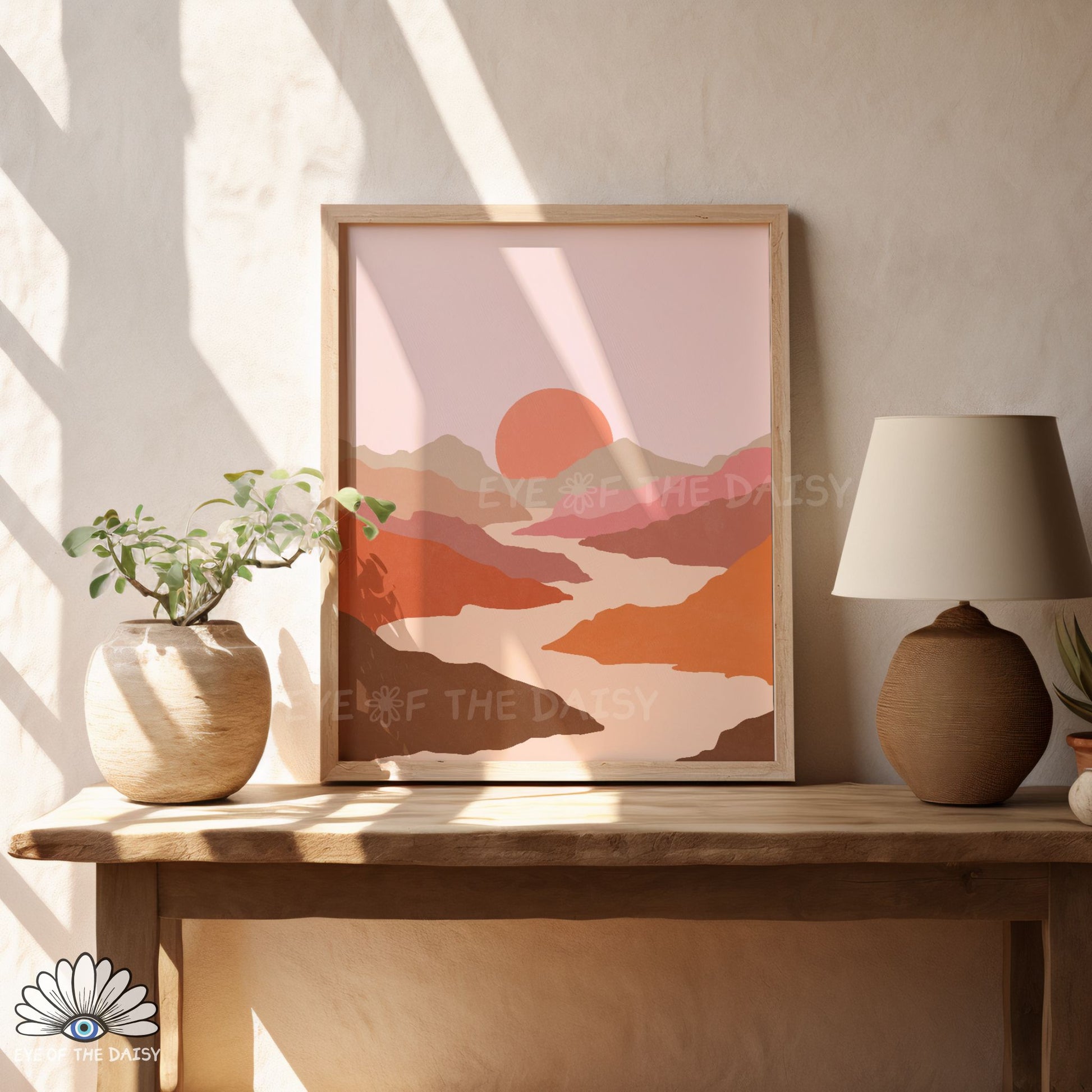 Mid century nature mountain scenery poster, boho living room printable wall decor