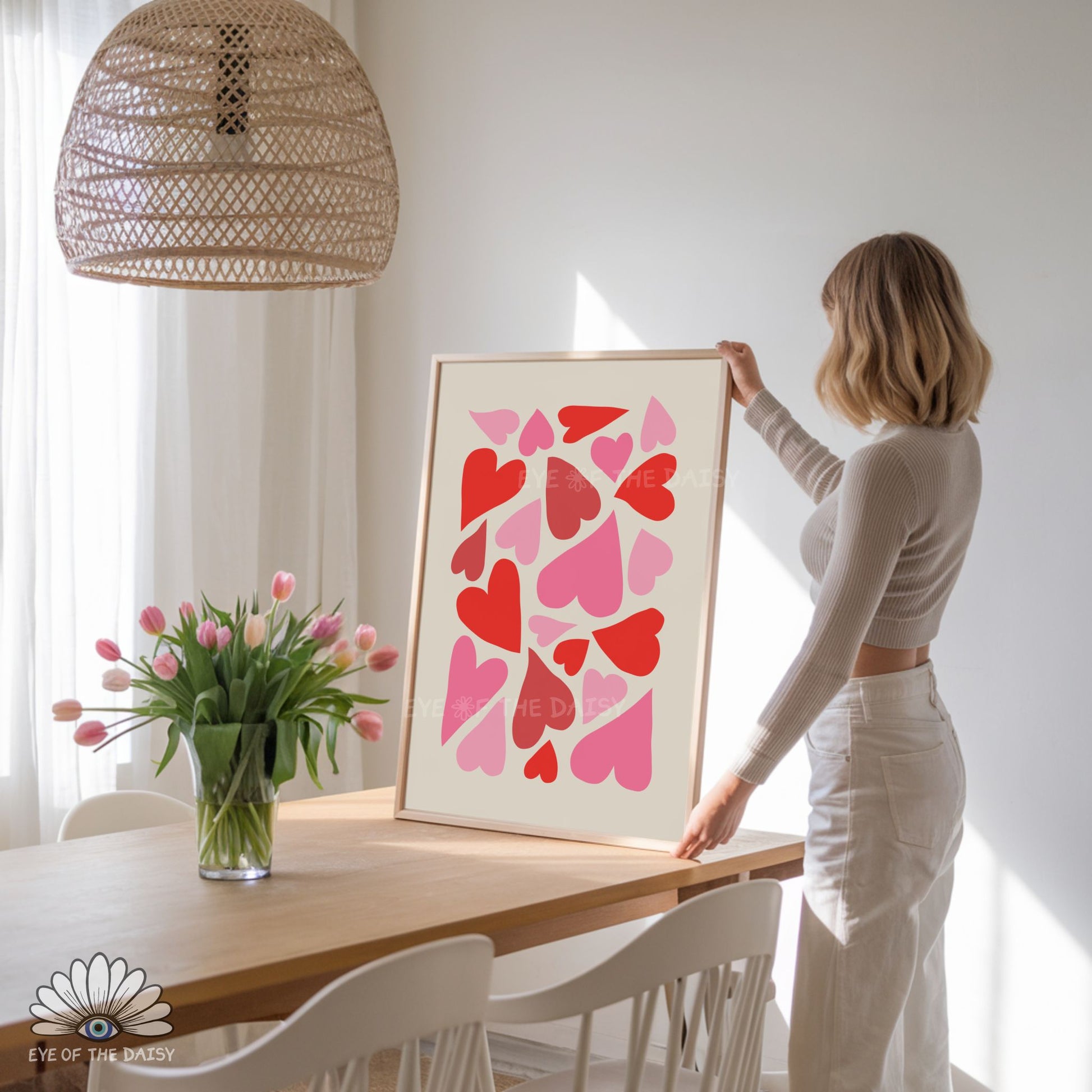 Contemporary abstract hearts poster, bold colorful wall art for bedroom, living room, or dorm decor