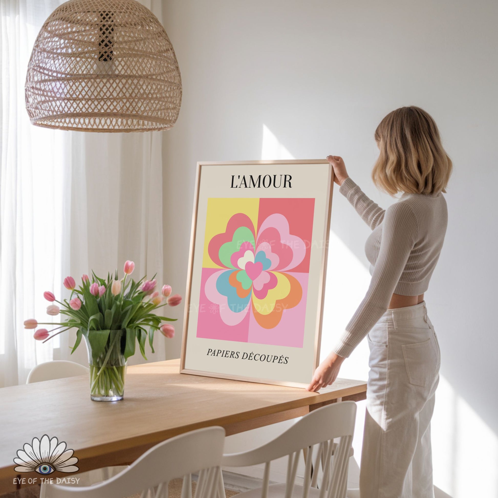 Trendy pastel L’Amour wall art, downloadable geometric flower poster for contemporary, playful decor