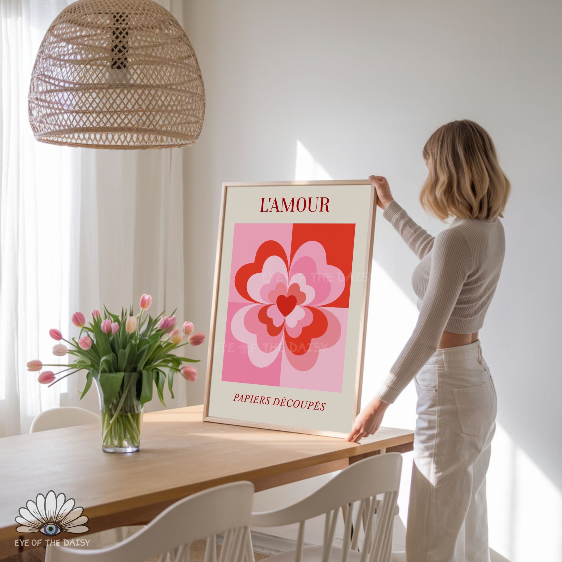 Red and pink Valentine's Day downloadable art, eclectic retro geometric hearts and flowers printable wall art