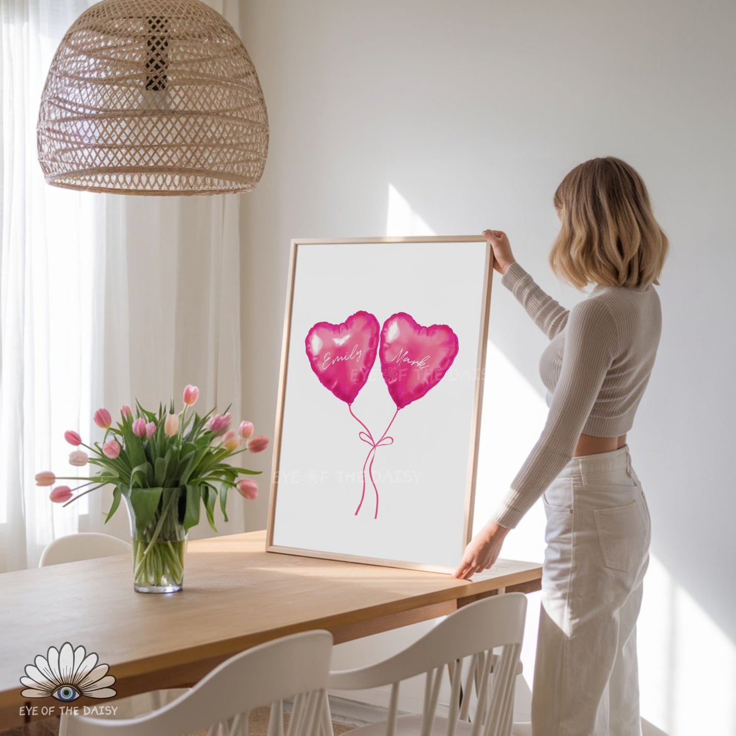High resolution pink heart balloons personalized poster, playful dopamine decor printable wall art for bedrooms