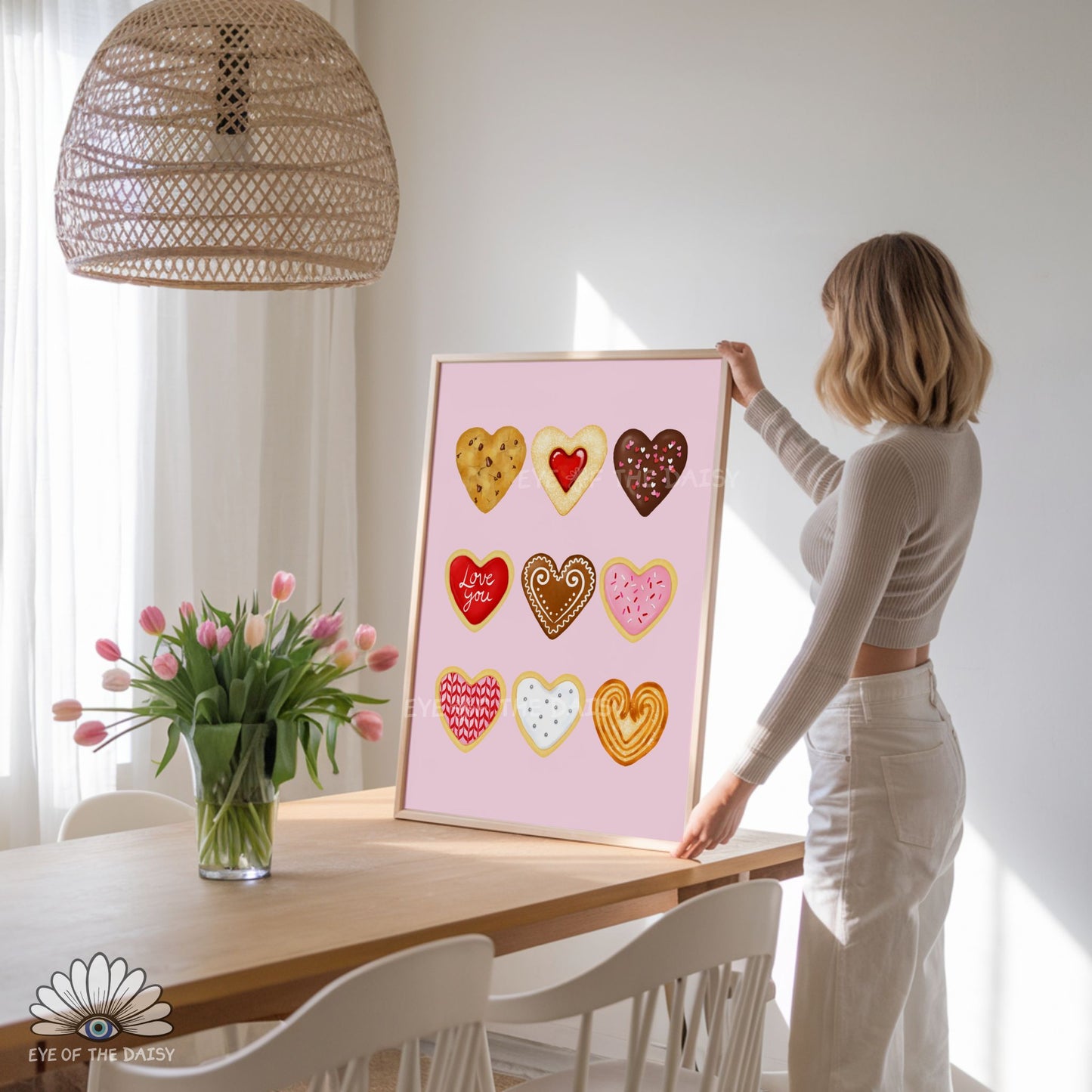 Cute Valentine’s Day kitchen printable wall art, chocolate chip and patterned cookies for romantic home decor