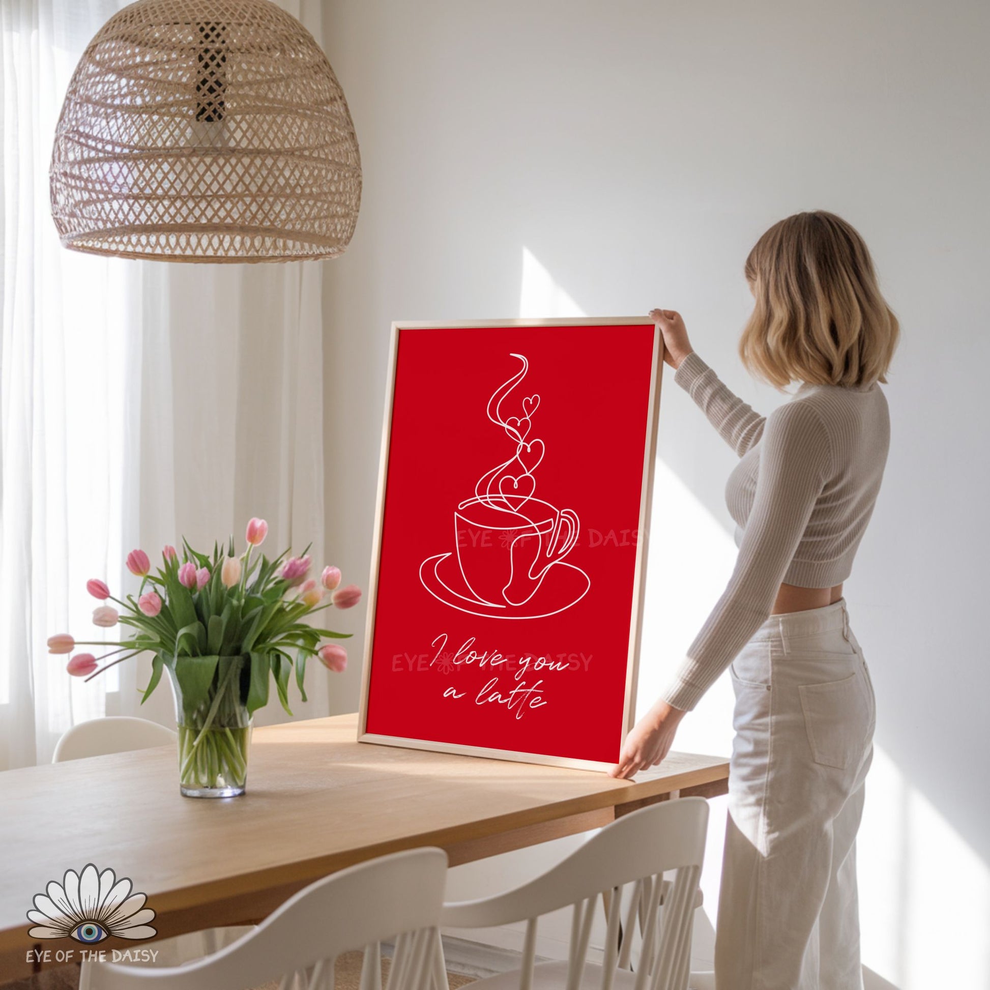 Trendy coffee poster digital download, “I Love You a Latte” line art for kitchens, coffee bars, or living rooms with fun positive vibes