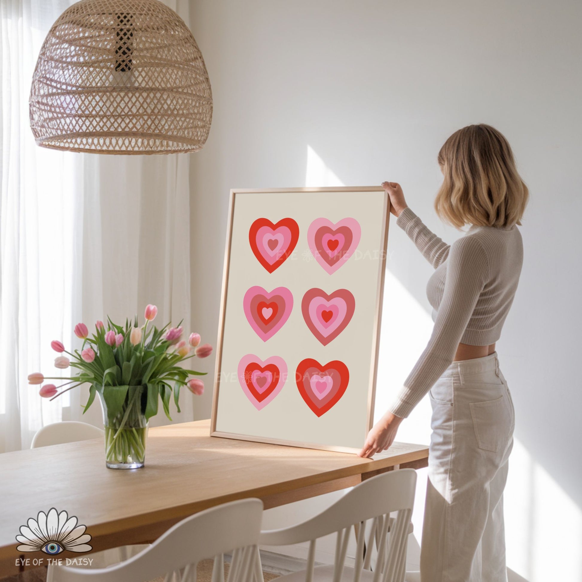 Red and pink retro hearts print digital download, modern and cute printable wall art for Valentine’s Day or Galentine’s decor