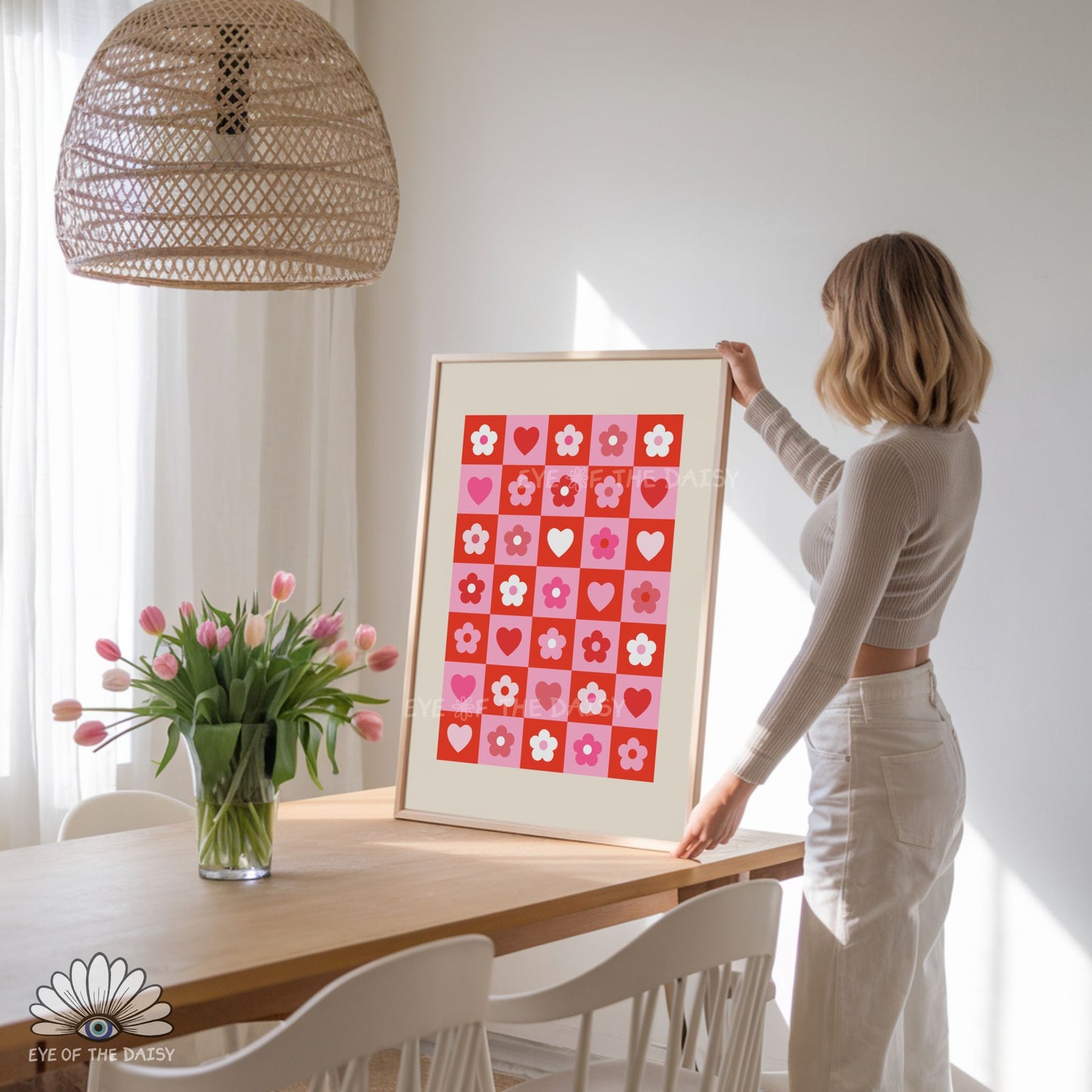 High-resolution red and pink checkerboard printable poster, modern romantic art print, perfect for Valentine’s Day or playful interiors