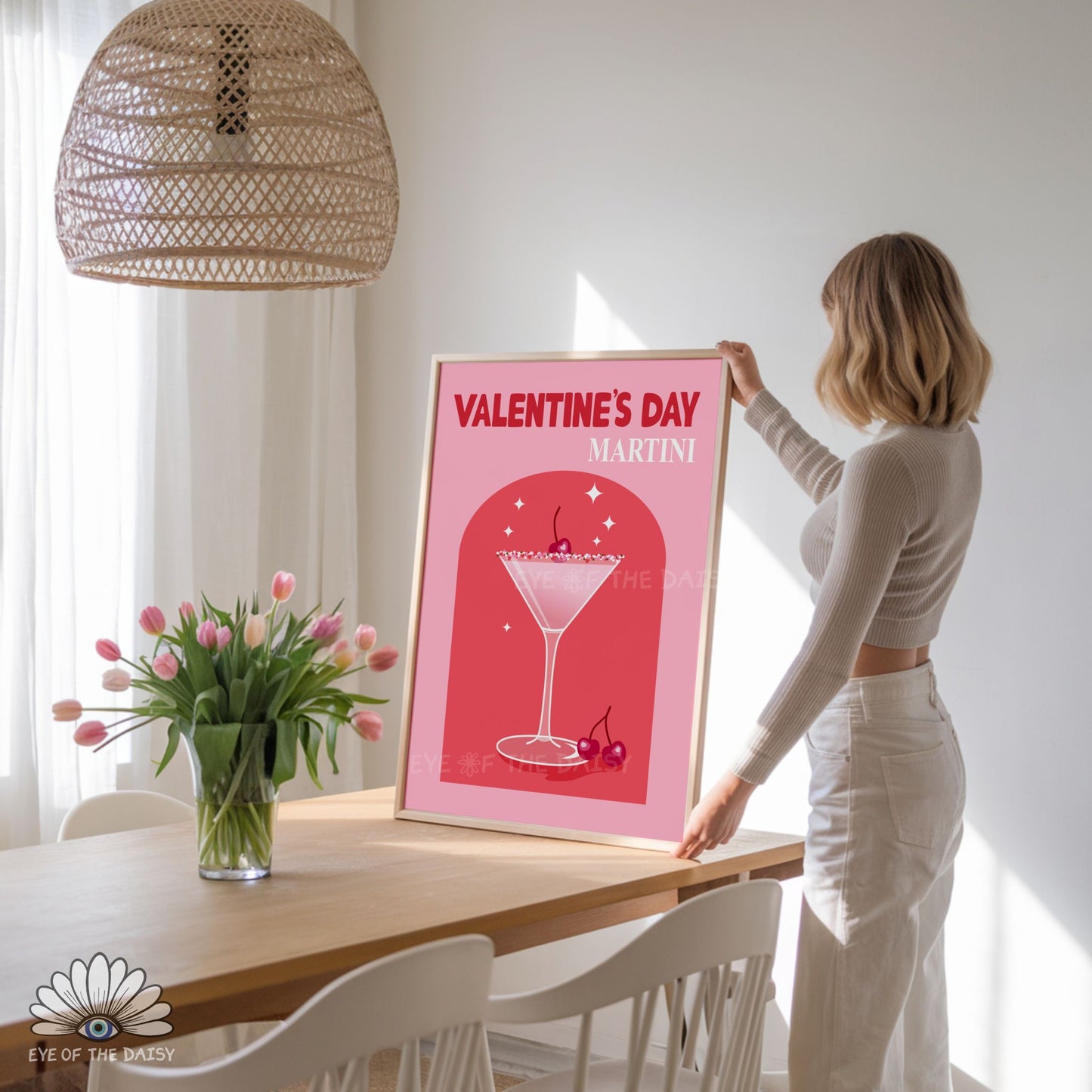 Pink cocktail martini poster digital download, feminine and playful Valentine’s Day decor
